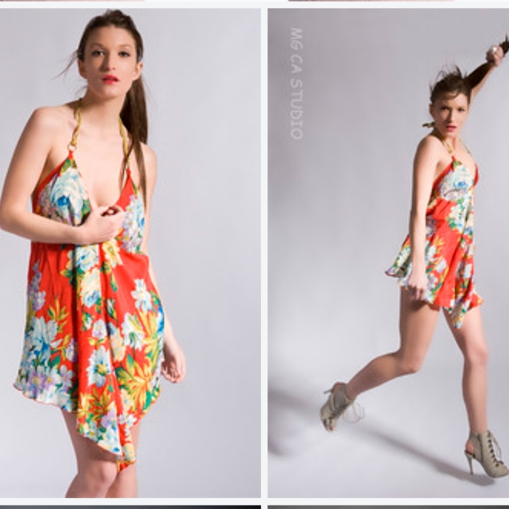 UO Silkysexy Halter floral Tunic Gold Rope tie Top/Mini Dress - Picture 3 of 12